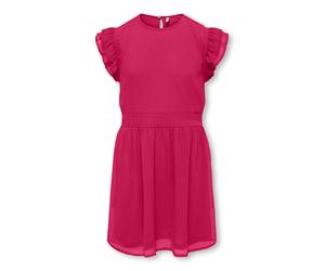 Midikleid KIDS ONLY "KOGASTA LIFE S/S DRESS WVN", Mädchen, Gr. 140, N-Gr, granita, Web, Obermaterial: 100% Polyester, unifarben, figurumspielend Midi, Rundhals, Flügelärmel Rüschen, Kleider Midikleid,