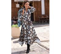 Midikleid LASCANA "aus bügelfreier Qualität mit Blumendruck", Damen, Gr. 36, N-Gr, bunt (schwarz, braun, blau bedruckt), Jersey, Obermaterial: 95% Polyester, 5% Elasthan, bedruckt, figurumspielend ca.