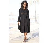 Midikleid LASCANA, Damen, Gr. 32/34, N-Gr, schwarz, Web, Obermaterial: 100% Viskose, unifarben, modisch, figurumspielend knöchelfrei, Rundhals, Langarm Volant, Kleider, mit Häkeleinsätzen (46569526-32