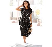 Midikleid LASCANA, Damen, Gr. 34, N-Gr, beige (schwarz, sand, bedruckt), Web, Obermaterial: 100% Viskose, gepunktet, figurumspielend ca. Mitte Wade, Rundhals, Aufschlag, Kleider, mit Punktedruck und T