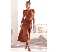 Midikleid LASCANA, Damen, Gr. 34, N-Gr, orange (terrakotta), Jersey, Obermaterial: 100% Viskose, unifarben, figurumspielend ca. Mitte Wade, V-Ausschnitt, Kleider Midikleid, mit Reißverschluss am Aussc