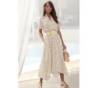 Midikleid LASCANA, Damen, Gr. 36, N-Gr, beige (creme, taupe bedruckt), Web, Obermaterial: 100% Viskose, bedruckt, modisch, figurumspielend ca. Mitte Wade, Kurzarm, Kleider, mit Punktedruck, asymmetris