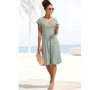 Midikleid LASCANA, Damen, Gr. 36, N-Gr, grün (sage grün), Jersey, Obermaterial: 95% Polyester, 5% Elasthan, unifarben, modisch, figurumspielend knieumspielend, tiefer V-Ausschnitt, Kurzarm, Kleider, a