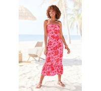 Midikleid LASCANA, Damen, Gr. 38, N-Gr, pink rot floral, Jersey, Obermaterial: 100% Viskose, casual, figurbetont, Kleider, mit Volant am Rocksaum (57434648-38) pink rot floral
