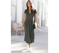 Midikleid LASCANA, Damen, Gr. 40, N-Gr, grün (dunkelgrün), Jersey, Obermaterial: 100% Viskose, unifarben, figurumspielend ca. Mitte Wade, V-Ausschnitt, Kleider Midikleid, mit Reißverschluss am Ausschn