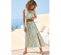 Midikleid LASCANA, Damen, Gr. 40, N-Gr, türkis, beige bedruckt, Web, Obermaterial: 100% Viskose, bedruckt, figurumspielend Midi, Rundhals, Kleider Midikleid, mit Reißverschluss am Ausschnitt, Animal P