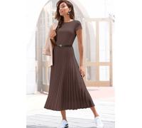 Midikleid LASCANA, Damen, Gr. 42, N-Gr, braun, Obermaterial: 100% Polyester. Obermaterial 2: 100% Polyester, unifarben, modisch, figurumspielend Midi, Rundhals, Kurzarm, Kleider, mit Plisseerockteil,