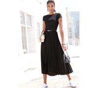 Midikleid LASCANA, Damen, Gr. 42, N-Gr, schwarz, Obermaterial: 100% Polyester. Obermaterial 2: 100% Polyester, unifarben, modisch, figurumspielend Midi, Rundhals, Kurzarm, Kleider, mit Plisseerockteil