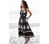 Midikleid LASCANA, Damen, Gr. 42, N-Gr, schwarz (schwarz, sand bedruckt), Web, Obermaterial: 100% Viskose, bedruckt, modisch, figurumspielend ca. Mitte Wade, Rundhals, ohne Ärmel, Kleider, aus gewebte