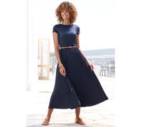 Midikleid LASCANA, Damen, Gr. 44, N-Gr, blau (navy), Obermaterial: 100% Polyester. Obermaterial 2: 100% Polyester, unifarben, modisch, figurumspielend Midi, Rundhals, Kurzarm, Kleider, mit Plisseerock