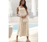 Midikleid LASCANA, Damen, Gr. 46, N-Gr, beige (creme, taupe bedruckt), Jersey, Obermaterial: 100% Viskose, bedruckt, figurumspielend ca. Mitte Wade, eckiger Ausschnitt, Kleider Midikleid, mit gesmokte