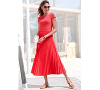 Midikleid LASCANA, Damen, Gr. 38, N-Gr, rot, Obermaterial: 100% Polyester. Obermaterial 2: 100% Polyester, unifarben, modisch, figurumspielend Midi, Rundhals, Kurzarm, Kleider, mit Plisseerockteil, Ba