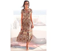 Midikleid LASCANA, Damen, Gr. 46, N-Gr, braun (braun, bedruckt), Jersey, Obermaterial: 100% Viskose, bedruckt, figurumspielend ca. Mitte Wade, V-Ausschnitt, Kleider Midikleid, mit Ethnoprint und Reißv