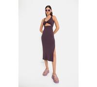 Midikleid LSCN BY LASCANA, Damen, Gr. 46, N-Gr, lila (pflaume), Rippware, Obermaterial: 97% Baumwolle, 3% Elasthan, unifarben, sehr figurbetont ca. Mitte Wade, Rundhals, Kleider Midikleid, aus weicher