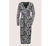 Midikleid MADELEINE "Kleid Wickelkleid mit taillierter Silhouette", Damen, Gr. 44, N-Gr, schwarz (schwarz, wollweiß), Obermaterial: 88% Polyester PES. 12% Elasthan EL., Modern, normal, V-Ausschnitt, K