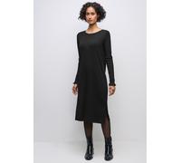 Midikleid STREET ONE, Damen, Gr. 42, EURO-Größen, schwarz, Stoff, 63% Polyester, 34% Viskose, 3% Elasthan, unifarben, normal kniebedeckend, Rundhals, gewellter Abschluss, Kleider Midikleid, mit Rundha