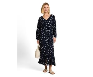 Midikleid TOM TAILOR, Damen, Gr. 46, N-Gr, navy big dot design, Crêpe, Obermaterial: 81% Viskose, 19% Polyamid, gepunktet, normal 7/8-Länge, V-Ausschnitt, elastischer Bund, Kleider Midikleid, Langarm