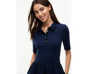 Midikleid TOMMY HILFIGER "5X2 RIB F&F MIDI S/S POLO DRESS", Damen, Gr. L (42/44), N-Gr, blau (dunkelblau), Feinstrick, Obermaterial: 100% Baumwolle, unifarben, figurbetont wadenlang, Kleider Midikleid