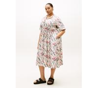 Midikleid TOMMY HILFIGER CURVE "CRV LINEN MIDI SHIRT DRESS SS", Damen, Gr. 50, N-Gr, leopard baroque rwb, Web, Obermaterial: 100% Leinen, bedruckt, relaxed fit Midi, Rundhals, Umschlagsaum, Kleider Mi