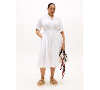 Midikleid TOMMY HILFIGER CURVE "CRV LINEN MIDI SHIRT DRESS SS", Damen, Gr. 50, N-Gr, th optic weiß, Web, Obermaterial: 100% Leinen, bedruckt, relaxed fit Midi, Rundhals, Umschlagsaum, Kleider Midiklei