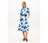 Midikleid TOMMY HILFIGER "FRAYED VIS/LINEN SHORT SLEEVE SHIRT DRESS", Damen, Gr. XS (34), N-Gr, poppy print spaced ivory, blau orbit, Web, Obermaterial: 53% Leinen, 47% Viskose, gemustert, gerade Midi