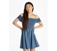 Midikleid TOMMY JEANS "TJW CHAMBRAY FIT & FLARE DRESS", Damen, Gr. M (38), N-Gr, blau (denim medium), Web, Obermaterial: 100% Baumwolle, unifarben, ausgestellt mini, eckiger Ausschnitt, Kleider Midikl