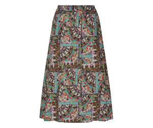 Midirock GOLDNER "Kurzgröße Viskoserock mit Patch-Druck", Damen, Gr. 25, bunt (bunt, gemustert), Obermaterial: 100% Viskose CV., figurumspielend, Röcke, Nahttaschen an der Seite (98351046-25) bunt, ge