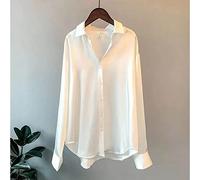 MIDJ Blouses for Women Elegant,Elegante Damen Satin Bluse Shirt Langarm Schlicht Tunika Shirt Komfort Boho Glanz Shirt Mit Knopf Sexy Party Tops Lässige Bürobluse für Mädchen Damen,Weiß,S