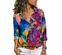 MIDJ Bluse Damen,Blusen Bunte Gemusterte Hemden Lässige Revershemden Pullover Langarmhemden Schicke Oberteile Mit Knöpfen Lockere Langarm-Sweatshirts für Mädchen,L