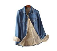 MIDJ Bluse Damen,Damen Jeanshemd Fleecefutter Warmer Winterpullover Lange Ärmel Blaue Jeans Hemdjacke Tasche Retro Messing Druckknopf Bluse Tunika Fleece Sweatshirt für Mädchen,M