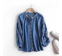 MIDJ Bluse Damen,Damen Jeanshemd Mit Rundhalsausschnitt, Langen Laternenärmeln, Blusen, Ethno-Stickerei, Blumen, Jeans, Pullover, Lässig, Halbe Knopfleiste, Tunika, Festival-Sweatshirt für Mädchen,He