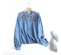 MIDJ Bluse Damen Elegant，Elegante Jeansbluse für Damen, Lange Laternenärmel, Boho, Bestickte Blumen, Blaue Jeanshemden, Geknöpfte Tunika, Vintage-Business-Hemd, Oberteile für Mädchen,Blau,S