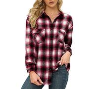 MIDJ Bluse Damen Elegant，Karierte Hemden für Damen Flanellhemden Elegante Rote Karierte Langarmhemden Holzfällerhemden Herbst-Winter-Warme Lockere Freizeitjacken Zarte Knopf-Revers-Oberteile,L
