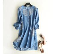 MIDJ Bluse Damen,Elegantes Denim-Hemdkleid für Damen, Böhmische, Gestickte Blumen, Jeanskleid, Lässiges Midikleid Mit Halber Knopfleiste, 3 Ärmel, 4 Längen, Plus Größe, Lässiges Sonnenkleid für