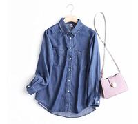 MIDJ Bluse Elegant Damen Hemd, Damen Jeanshemd Langarm Bluse Basic Hemdjacke Casual Knopfbluse Tunika Vintage Gewaschen Blau Brusttaschen Blusenshirts Übergangsjacke für Mädchen,Blau,XL