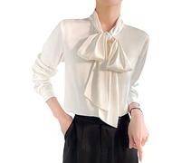 MIDJ Bluse Elegant Damen Hemd, Elegante Seidenbluse für Damen, O-Ausschnitt, Süße Fliege, Weiße Chiffon-Business-Bluse, Lässig, Lang, Laternenärmel, Sexy Pullover, Hemd für Mädchen, Damen, Weiß, XL