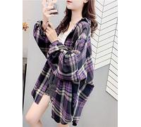 MIDJ Damen Bluse,Damen Holzfällerhemd Lang Lila Kariertes Damen Flanellhemd Lässiger Mantel Aufrollbare Ärmel Strickjacke Vintage Knopf Sexy Hemd Boyfriend Tops Tunika für Mädchen Damen,XL