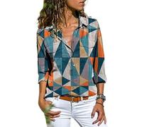 MIDJ Damen Bluse,Damenhemden Grün Und Orange Geometrisches Dreiecksmuster Hemden Lässige Revershemden Pullover Langarmhemden Schicke Oberteile Mit Knöpfen Lockere Langarm-Sweatshirts für Mädchen,S