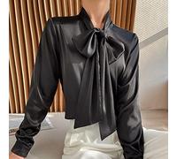 MIDJ Damen Bluse Elegant, Damen Elegante Seidenbluse Oberteile O-Ausschnitt Süße Fliege Weiß Chiffon Business Bluse Lässig Lang Laternenärmel Sexy Pullover Shirt für Mädchen Damen,Schwarz,M
