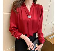 MIDJ Damen Bluse Elegant, Elegante Satin-Bluse für Damen, Chiffon, Roter V-Ausschnitt, Band, Business-Bluse Mit Strass-Brosche, Langen Ärmeln, Knopf, Sexy Tops, Hemd, Pullover für Mädchen, Damen, XXL