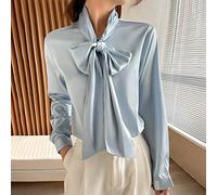 MIDJ Damen Bluse Elegant, Elegante Seidenbluse für Damen, O-Ausschnitt, Süße Fliege, Weiße Chiffon-Business-Bluse, Lässig, Lang, Laternenärmel, Sexy Pullover, Hemd für Mädchen, Damen, Blau, XL