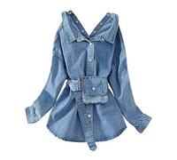 MIDJ Damenkorsett Mit Langen Ärmeln,Damen Vintage Mittellange Jeansblusen Hemd Langarm Lässige Knopfhemdjacke Mit Gürteltasche Blaue Tunika Mit Reverstasche Leichtes Jeans-Sweatshirt Für Mädchen S