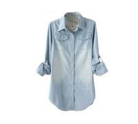 MIDJ Damenkorsett Mit Langen Ärmeln,Lange Jeansblusen Für Damen Hemdärmel Lässige Hemdjacke Mit Knöpfen Hellblau Reverstasche Tunika Leichtes Jeans-Sweatshirt Für Mädchen M