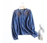 MIDJ Hemd Damen,Elegante Jeansbluse für Damen, Lange Laternenärmel, Boho, Gestickte Blumen, Blaue Jeanshemden, Geknöpfte Tunika, Vintage-Business-Hemd, Oberteile für Mädchen,Dunkelblau,M