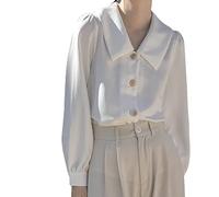 MIDJ Lockeres Damenhemd,Damen Elegant Bubikragen Oberteile Shirt Weiß Satin Tunika Shirt Langarm Chiffon Bluse Shirt Sommerjacke Casual Büro Business Bluse Für Mädchen Damen,L