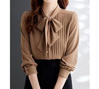 MIDJ Lockeres Damenhemd,Damen-Eleganz, Fliege, Ausschnitt, Vorne, Faltentops, Hemd, Braun, Satin, Tunika, Hemd, Lange Ärmel, Chiffon-Bluse, Hemd, Lässig, Büro, Business, Bluse Für Mädchen, Damen,L