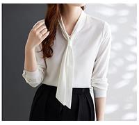 MIDJ Lockeres Damenhemd,Elegantes Damen-Oberteil Mit Fliege Und Fliege, Weißes Satin-Tunika-Hemd Mit Langen Ärmeln, Chiffon-Bluse, Hemd, Lässig, Büro, Business-Bluse Für Mädchen, Damen,L