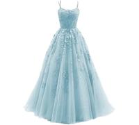 Mifeiwukawa Damen Spaghettiträger Tüll Ballkleider Lange Spitze Appliques Ballkleid Formelle Abendparty Kleider, babyblau, EU-38