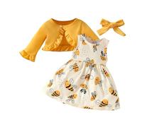 Miipat Baby Mädchen Kleid mit Cardigan Kleidung Set Kleinkind Mädchen Herbst Winter 2pcs Outfits Set Ärmelloses Kleid und Langärmeliger Mantel(Gelb 18-24 Monate)