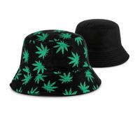 MIJOMA Anglerhut Hanf wendbar für Erwachsene, schwarzer Bucket Hat mit grünem Hanfblatt-Muster und Schlichter Rückseite, One Size, Baumwoll-Polyester-Mix